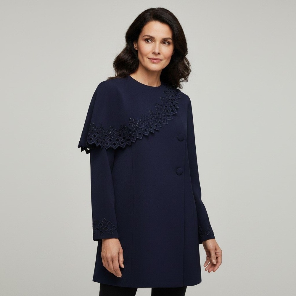 La‎ Femme Paris Navy Blue Capelet Eyelet Mini Dress Side Button Size 4 NWT 8098